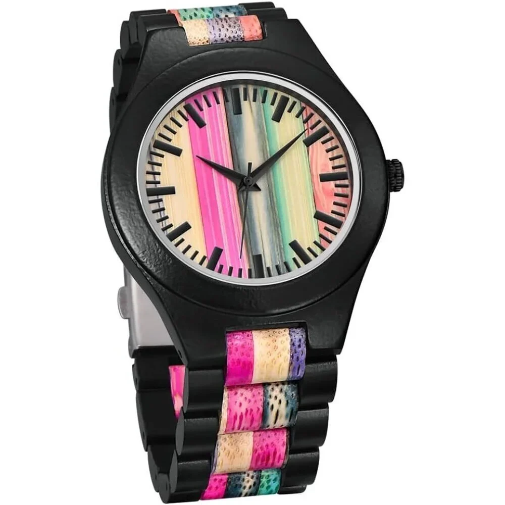 Mens Black Colorful Handmade Colorful Bamboo Engraved Analog Quartz Wooden Watch